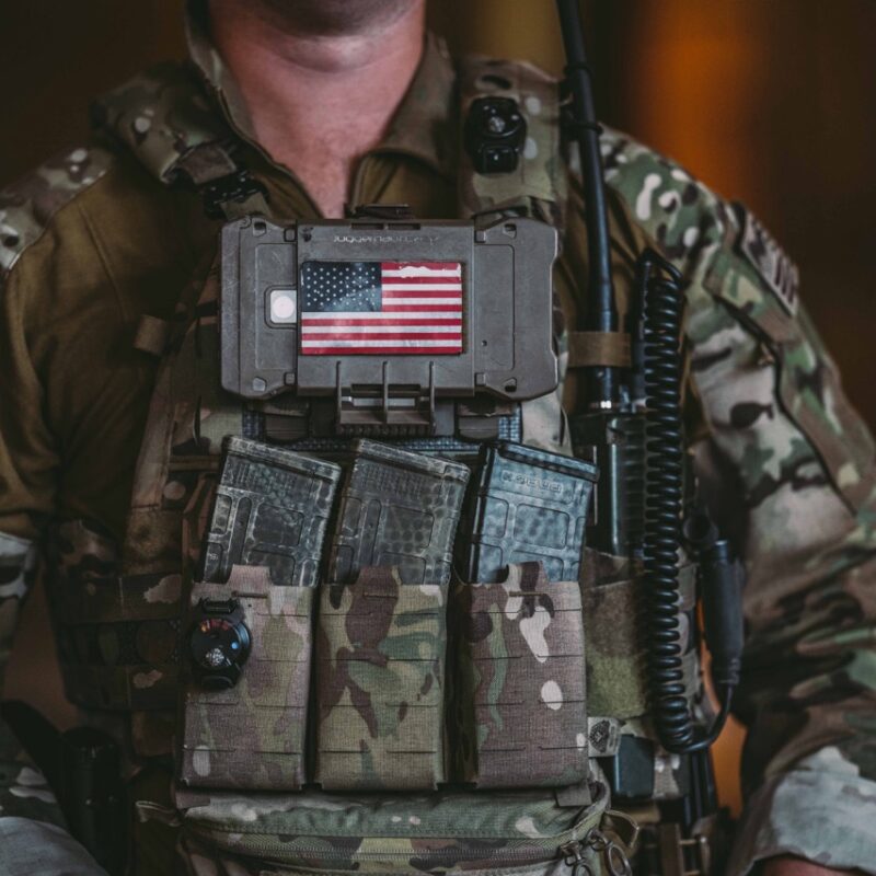 America Soldier wearing Blast Gauge. Blast Overpressure Monitoring. Blast Gauge Data. Military TBI Prevention